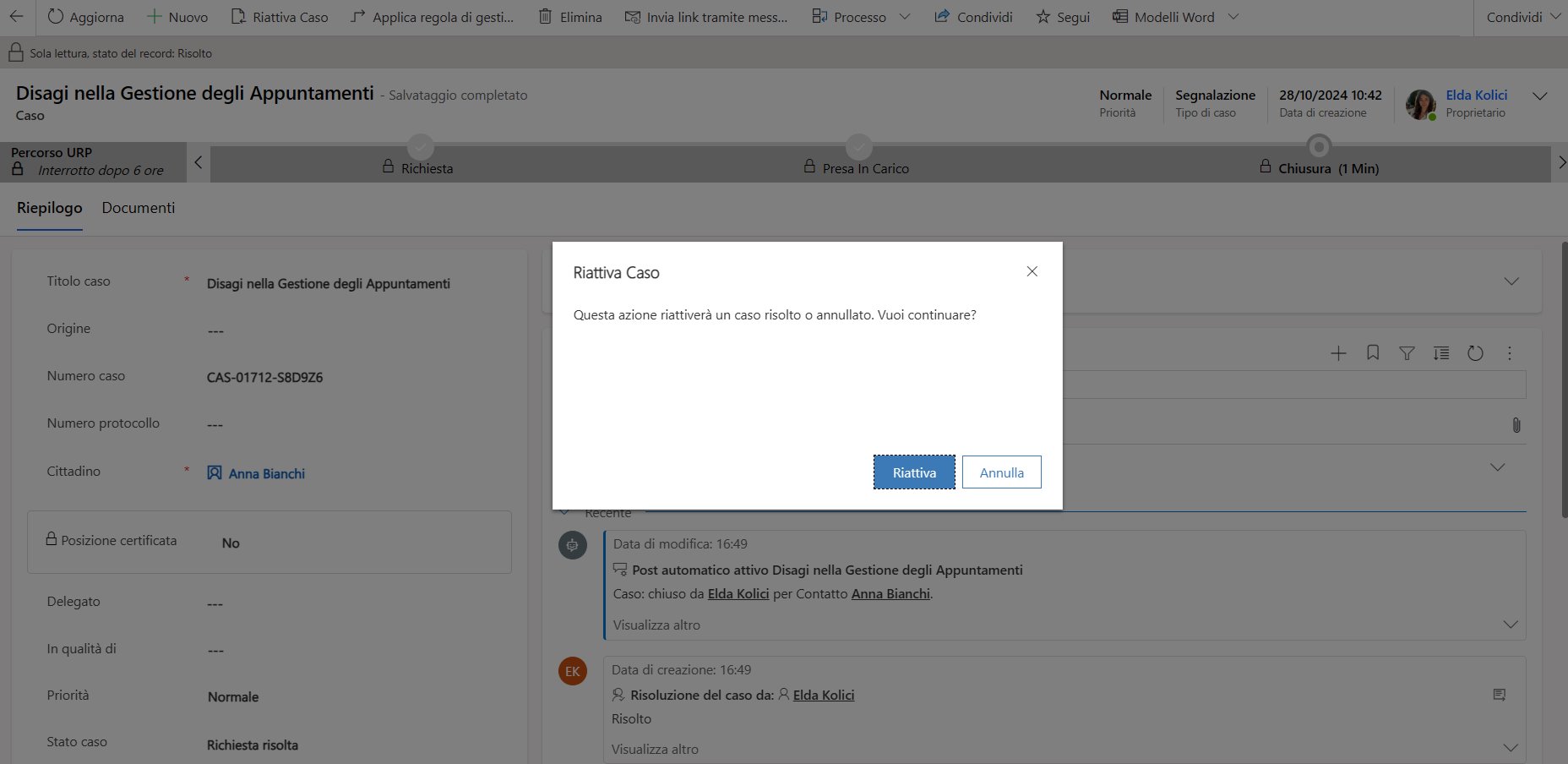 imagine Riattivazione di una richiesta